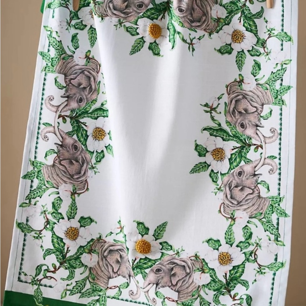 Anthropologie Green and White Kitchen Linens with Elegant Floral Design